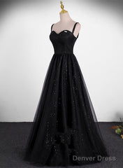 Black A-Line Tulle Straps Simple Long Prom Dress, Black Evening Dress Party Dress