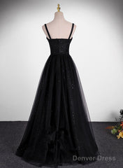 Black A-Line Tulle Straps Simple Long Prom Dress, Black Evening Dress Party Dress