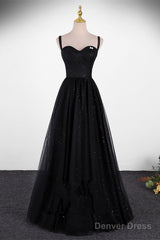 Black A-Line Tulle Straps Simple Long Prom Dress, Black Evening Dress Party Dress