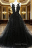 Black A-line Tulle with Lace Long Party Dresses, Black Formal Dresses Prom Dresses