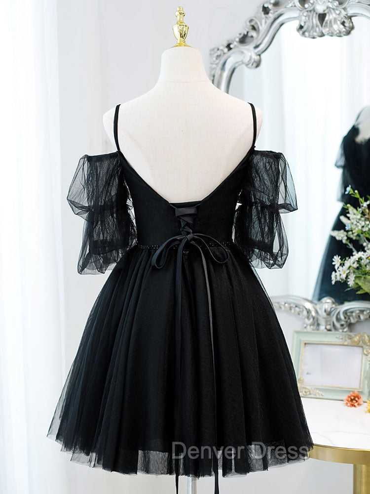 Black A line V Neck Lace Short/Mini Prom Dresses, Black Puffy Homecoming Dresses Secondary image
