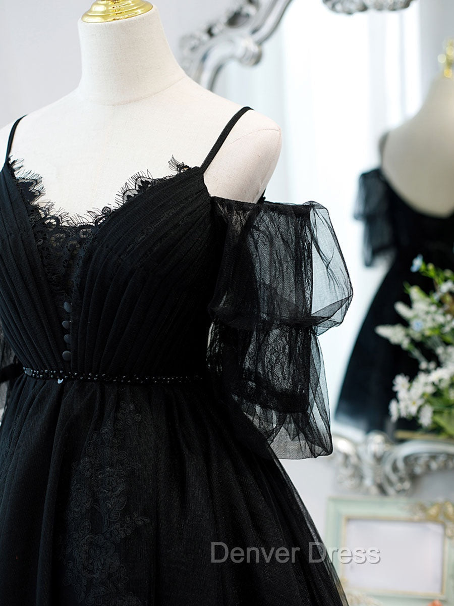 Black A Line V Neck Lace Short Mini Prom Dress, Black Puffy Homecoming Dresses