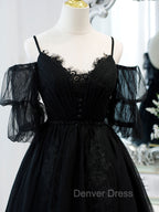 Black A line V Neck Lace Short/Mini Prom Dresses, Black Puffy Homecoming Dresses