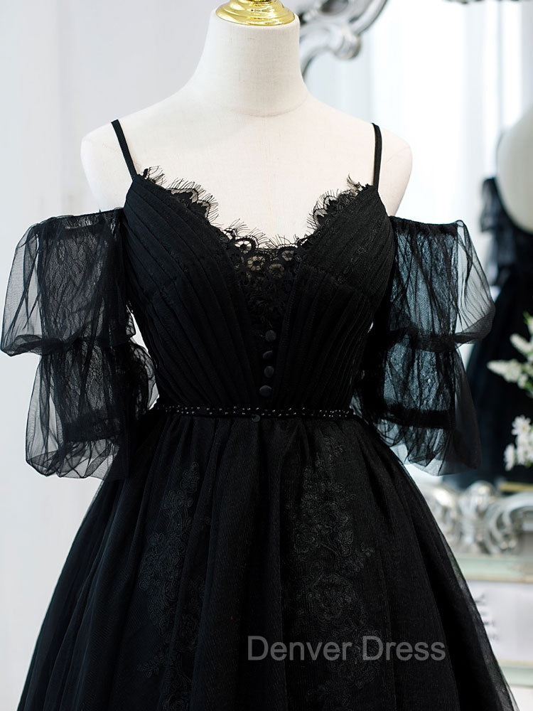Black A line V Neck Lace Short/Mini Prom Dresses, Black Puffy Homecoming Dresses