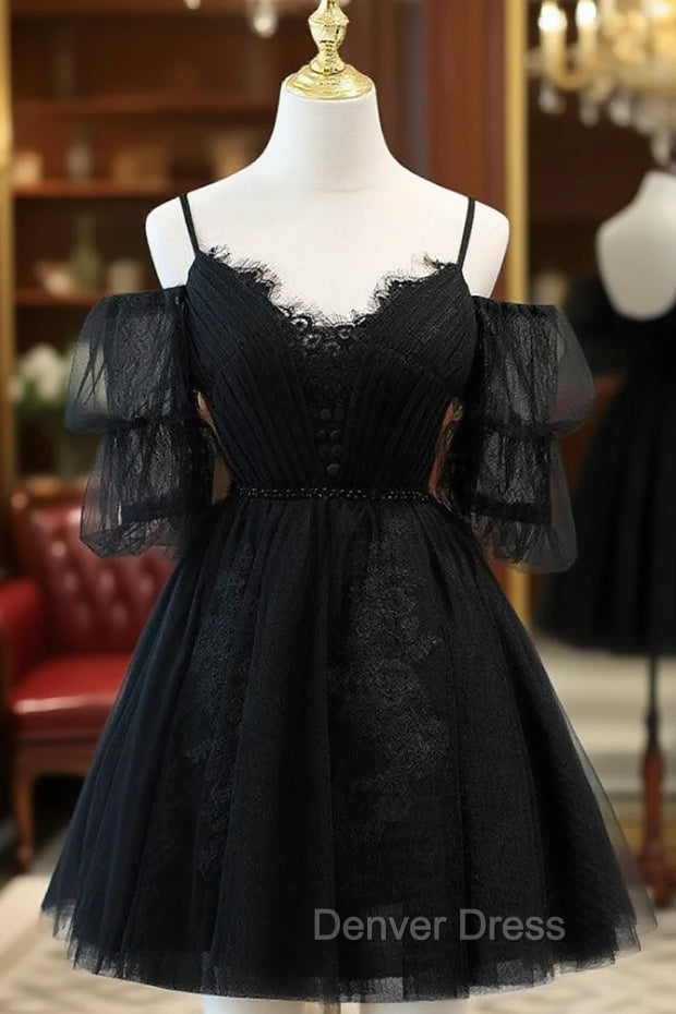 Black A line V Neck Lace Short/Mini Prom Dresses, Black Puffy Homecoming Dresses Main image