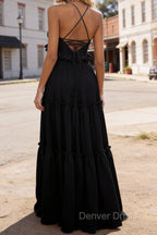 Black A-line V Neck Sleeveless Floor-Length Chiffon Prom Dress Long Prom Dresses Backless with Pleated Ruffles