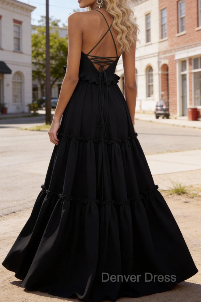 Black A-line V Neck Sleeveless Floor-Length Chiffon Prom Dress Long Prom Dresses Backless with Pleated Ruffles