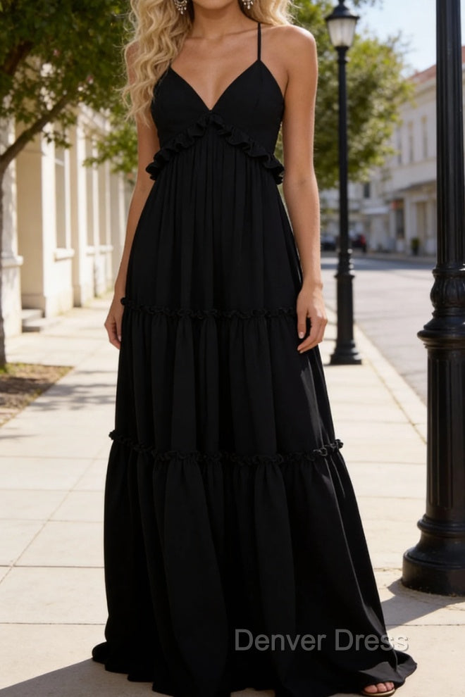 Black A-line V Neck Sleeveless Floor-Length Chiffon Prom Dress Long Prom Dresses Backless with Pleated Ruffles Main image