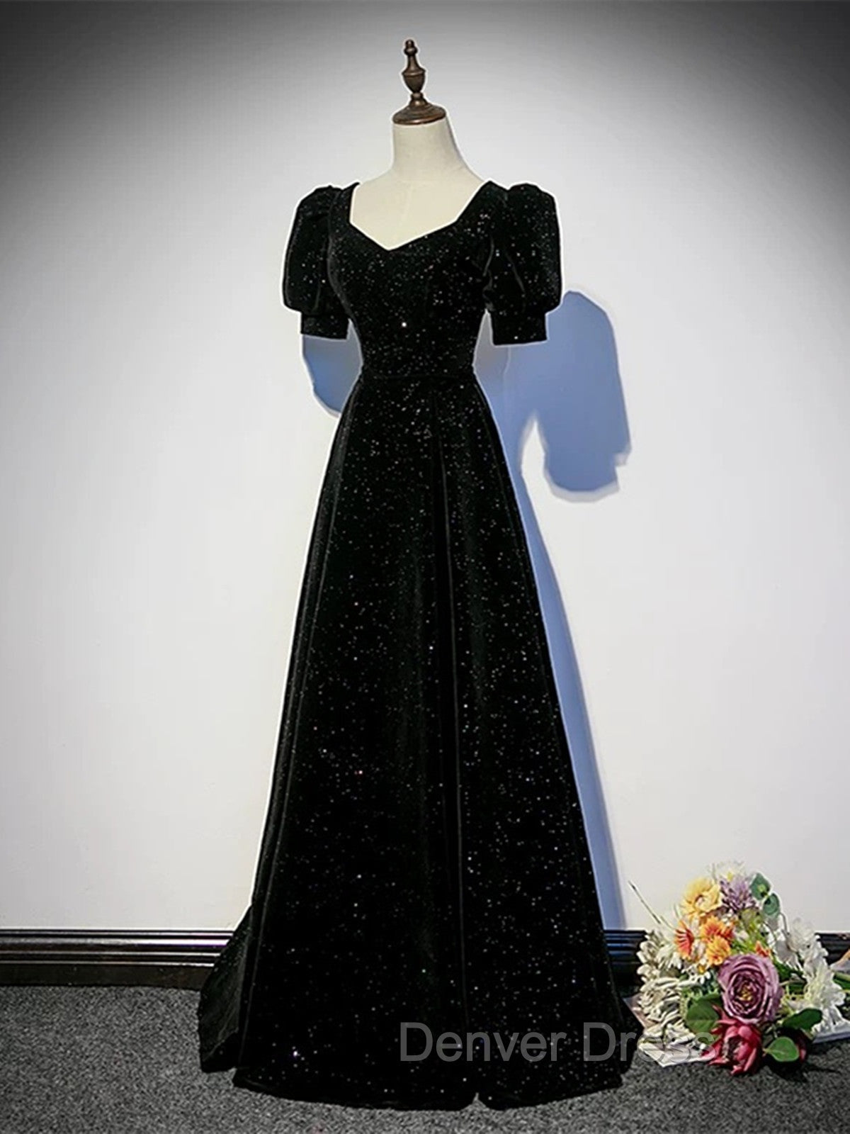 Black A-line Velvet Long Prom Dresses Party Dresses, Black Short Sleeves Prom Dresses Secondary image