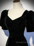 Black A Line Velvet Long Prom Dress Prom Dress, Black Short Sleeves Prom Dresses