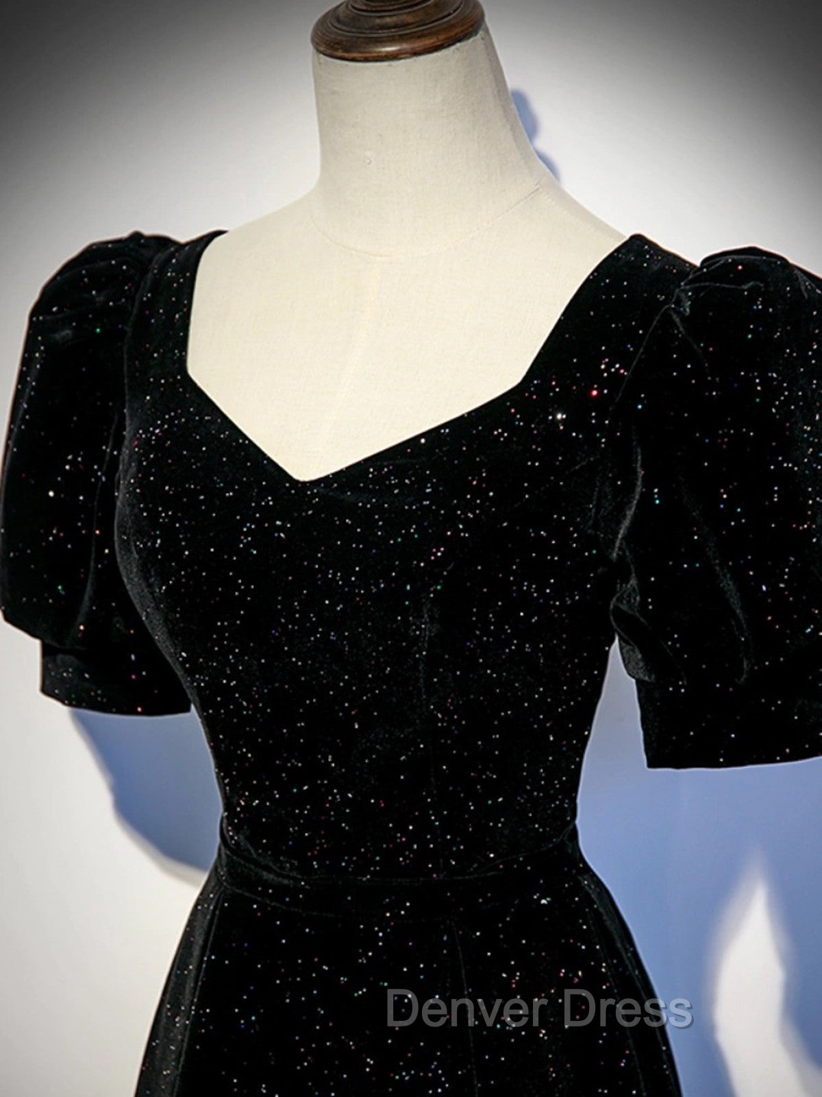 Black A Line Velvet Long Prom Dress Prom Dress, Black Short Sleeves Prom Dresses