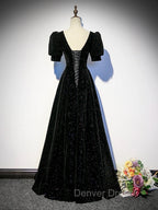 Black A Line Velvet Long Prom Dress Prom Dress, Black Short Sleeves Prom Dresses