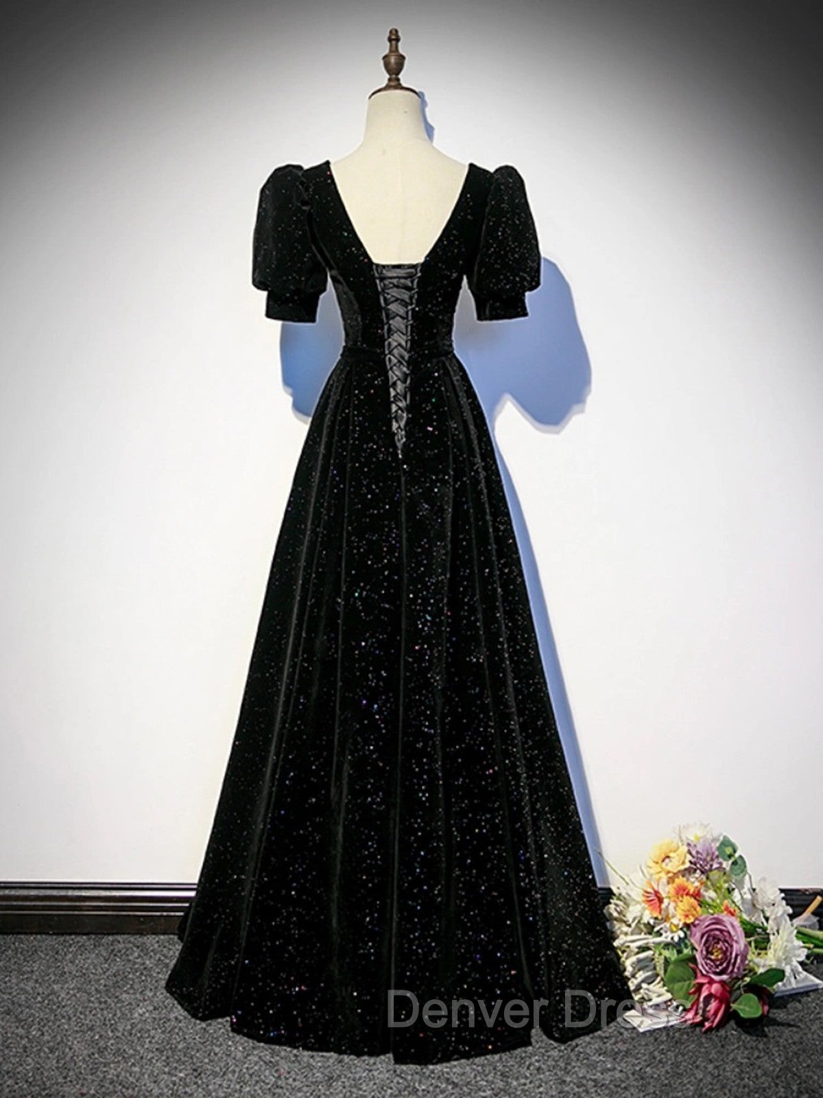 Black A Line Velvet Long Prom Dress Prom Dress, Black Short Sleeves Prom Dresses