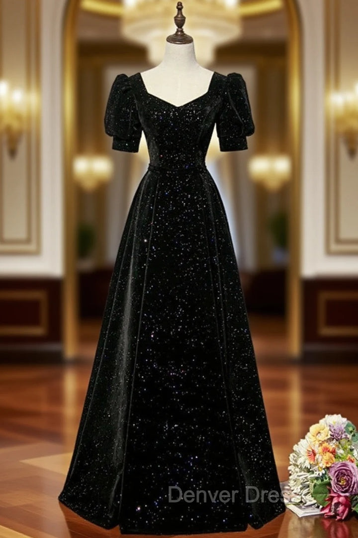 Black A-line Velvet Long Prom Dresses Party Dresses, Black Short Sleeves Prom Dresses Main image