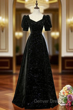 Black A Line Velvet Long Prom Dress Prom Dress, Black Short Sleeves Prom Dresses