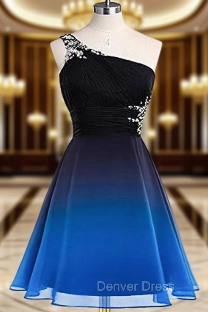 Black and Blue Gradient Chiffon Beaded Prom Dress, A Line Chiffon Homecoming Dresses