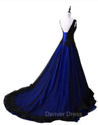 Black and Blue V-neckline Lace Applique Long Formal Dresses, Black and Blue Prom Dresses
