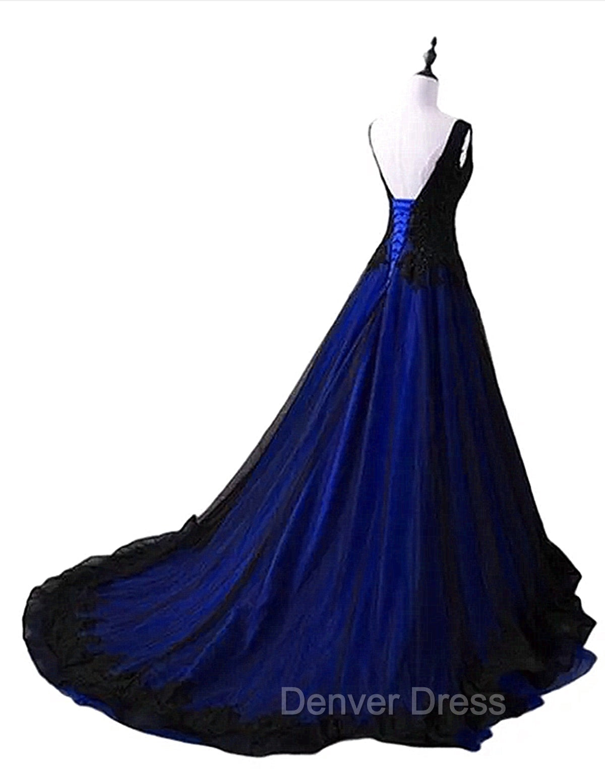 Black and Blue V-neckline Lace Applique Long Formal Dresses, Black and Blue Prom Dresses