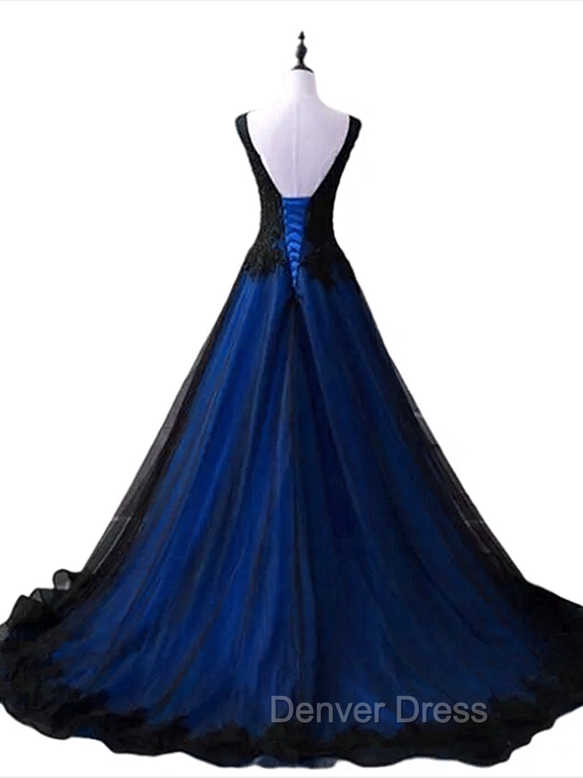 Black and Blue V-neckline Lace Applique Long Formal Dresses, Black and Blue Prom Dresses