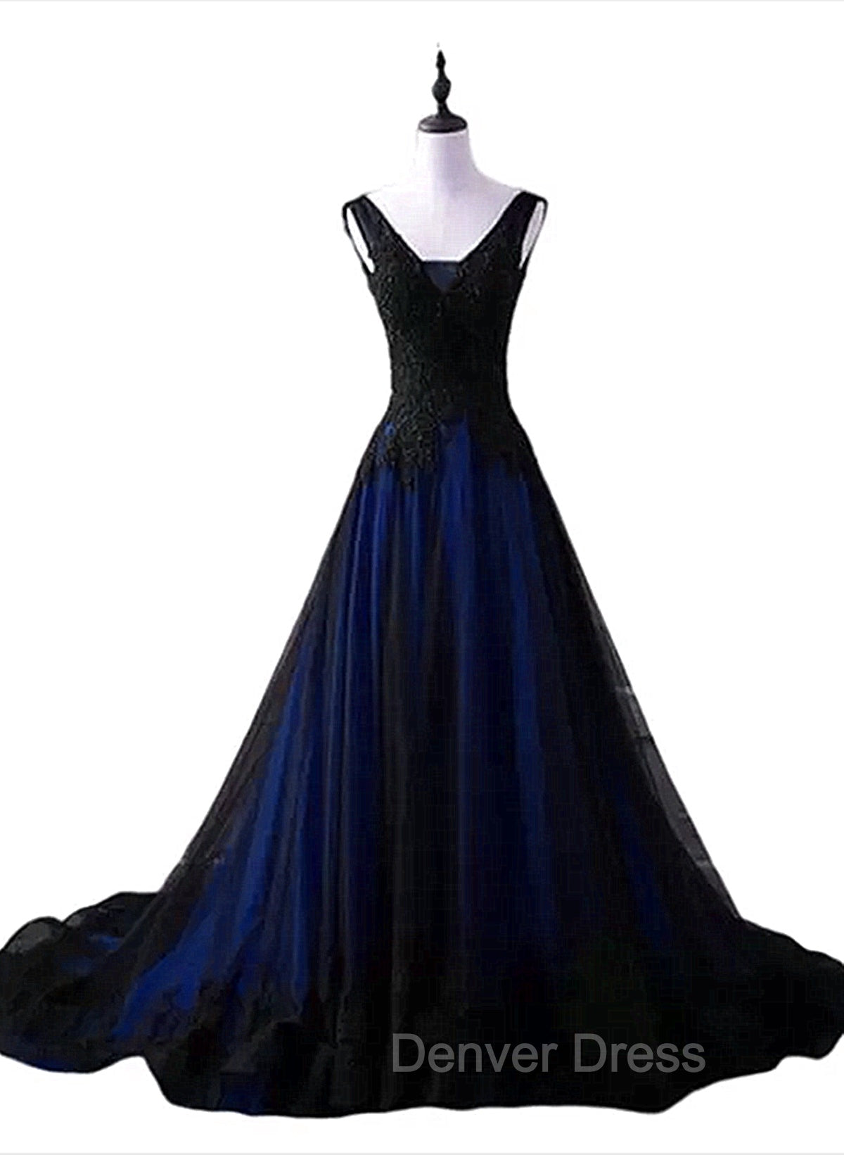 Black and Blue V-neckline Lace Applique Long Formal Dresses, Black and Blue Prom Dresses
