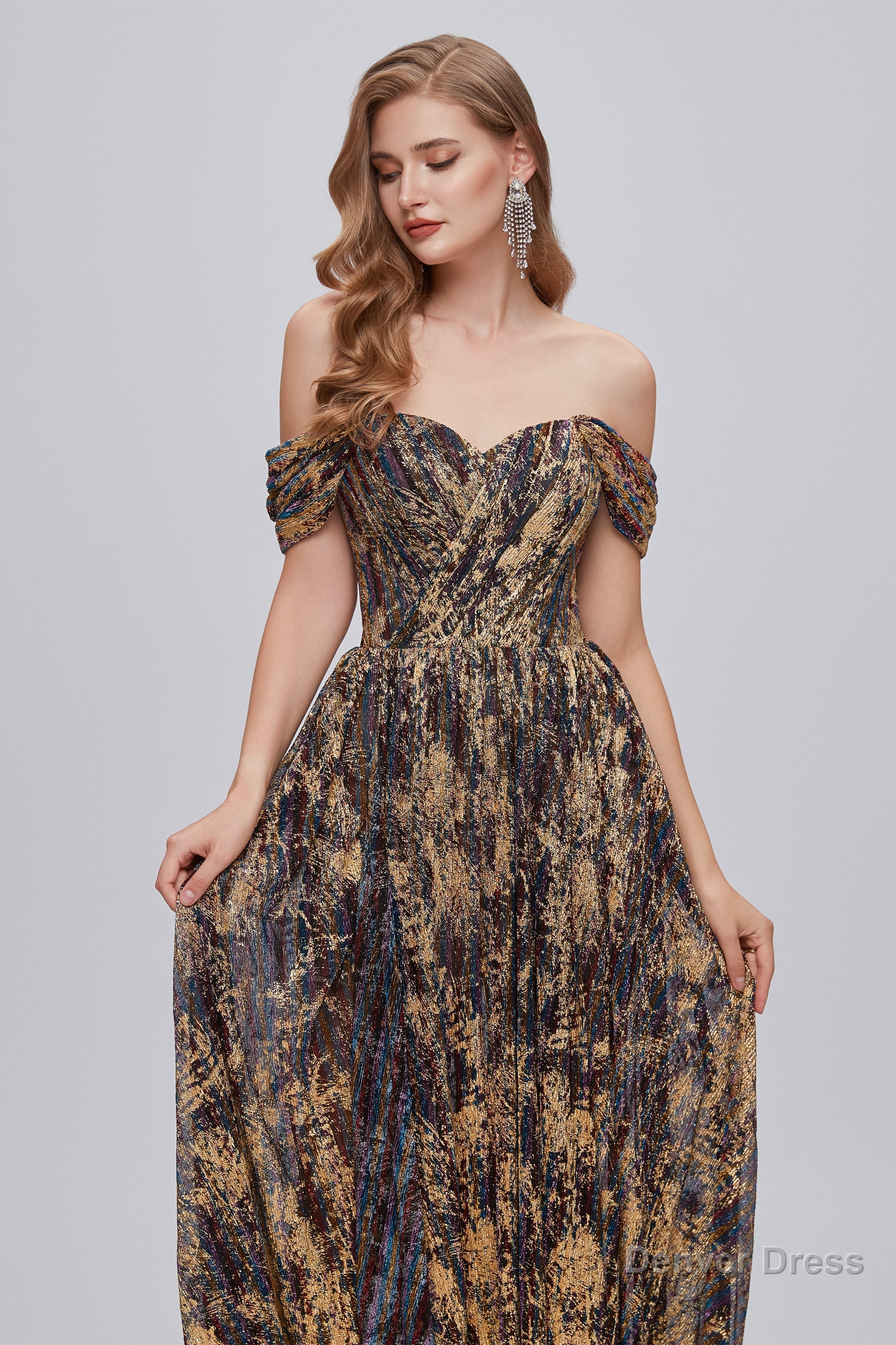 Black and Brown Floral Print Off The Shoulder A Line Long Prom Dresses