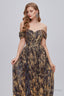 Black and Brown Floral Print Off The Shoulder A Line Long Prom Dresses