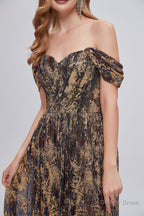Black and Brown Floral Print Off The Shoulder A Line Long Prom Dresses