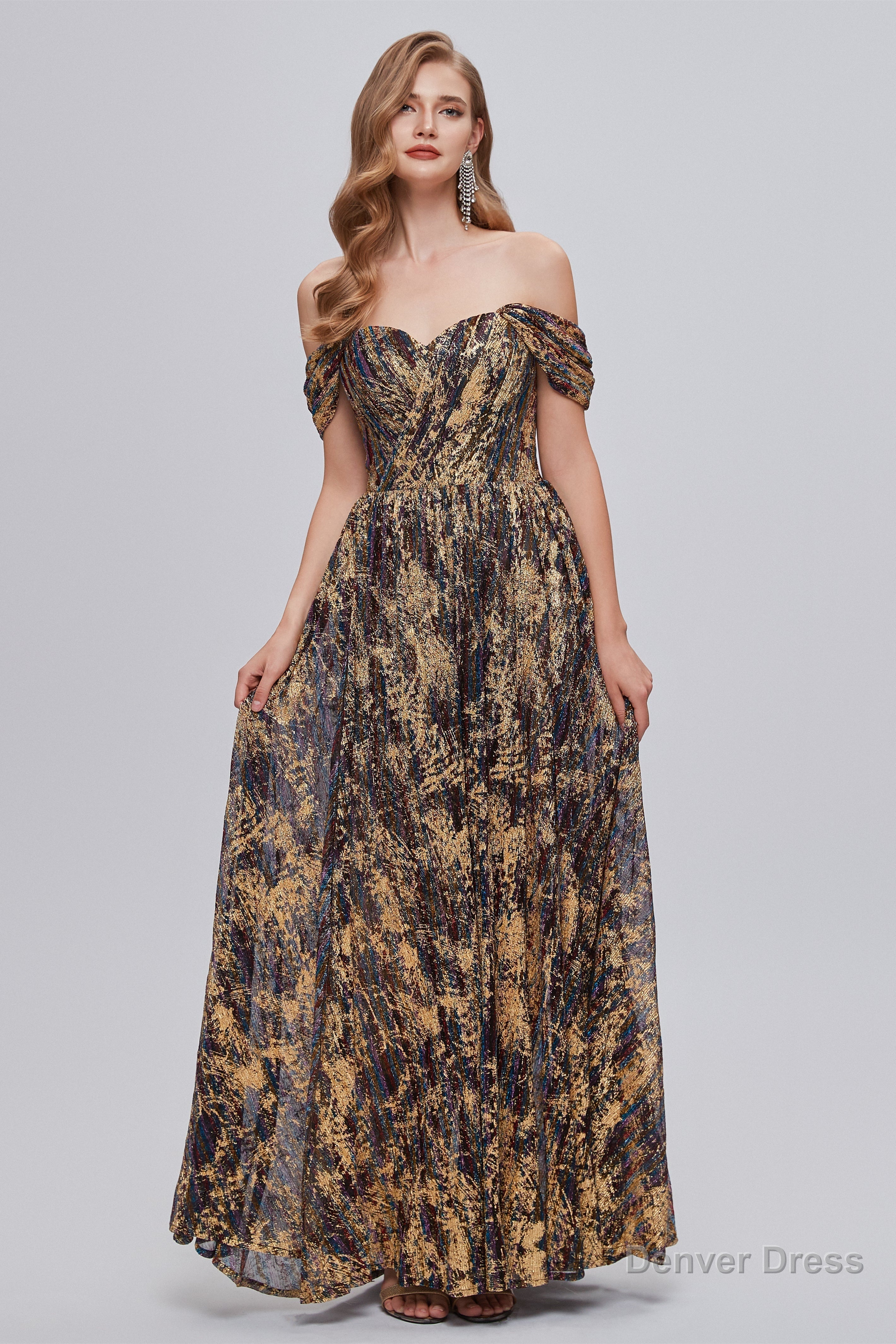 Black and Brown Floral Print Off The Shoulder A Line Long Prom Dresses
