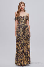 Black and Brown Floral Print Off The Shoulder A Line Long Prom Dresses