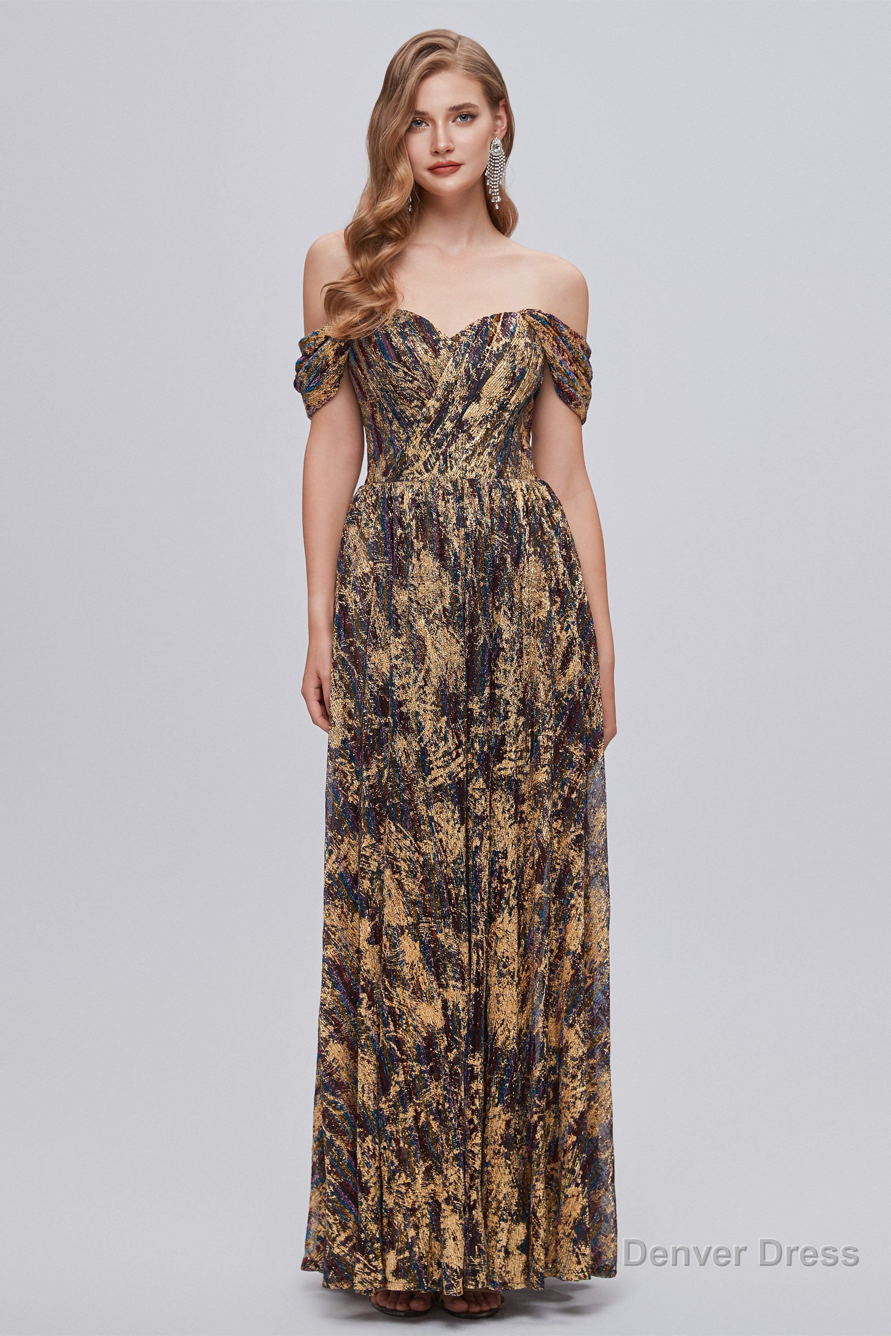 Black and Brown Floral Print Off The Shoulder A Line Long Prom Dresses
