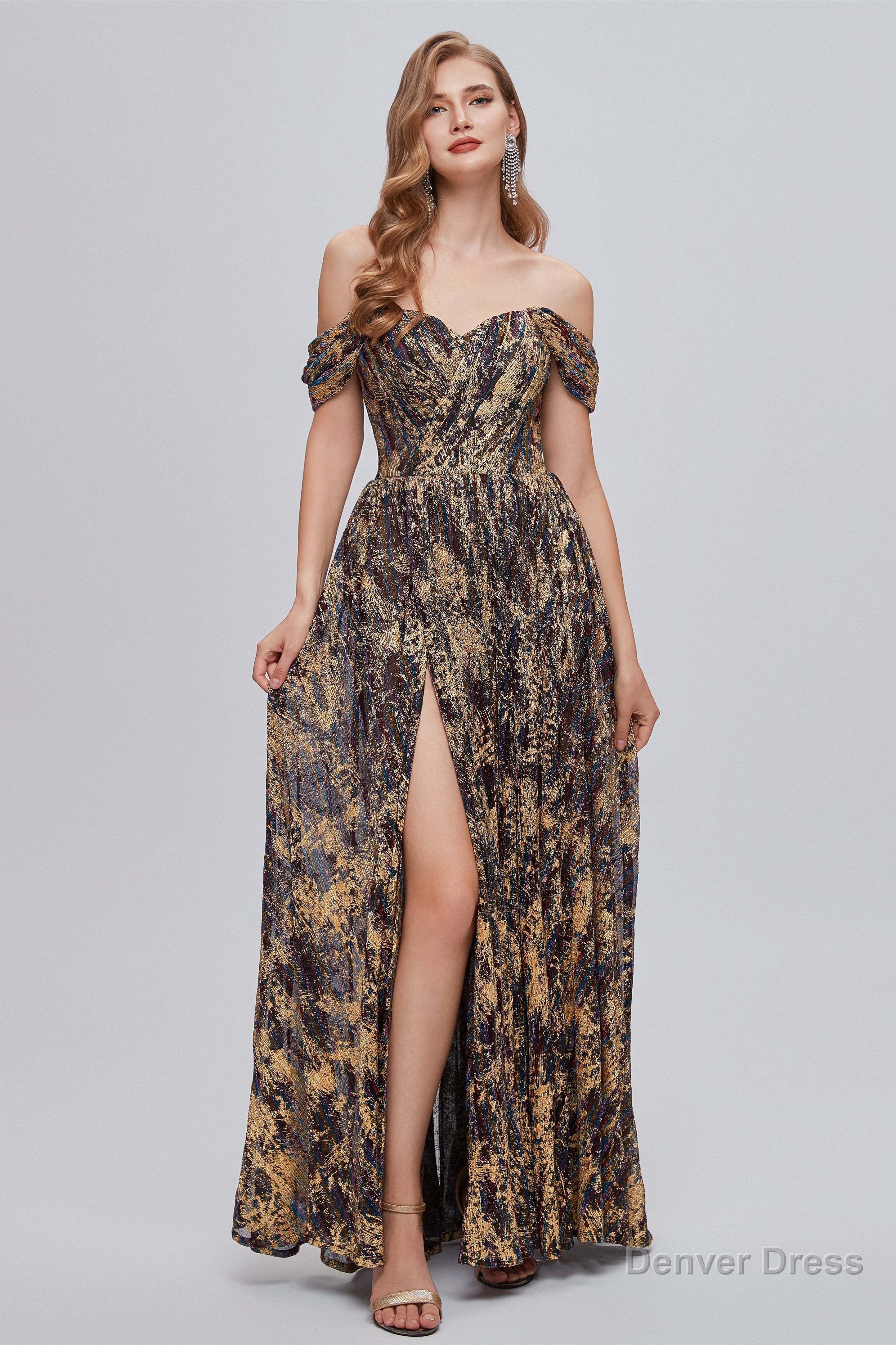 Black and Brown Floral Print Off The Shoulder A Line Long Prom Dresses