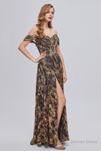 Black and Brown Floral Print Off The Shoulder A Line Long Prom Dresses
