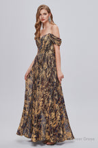 Black and Brown Floral Print Off The Shoulder A Line Long Prom Dresses