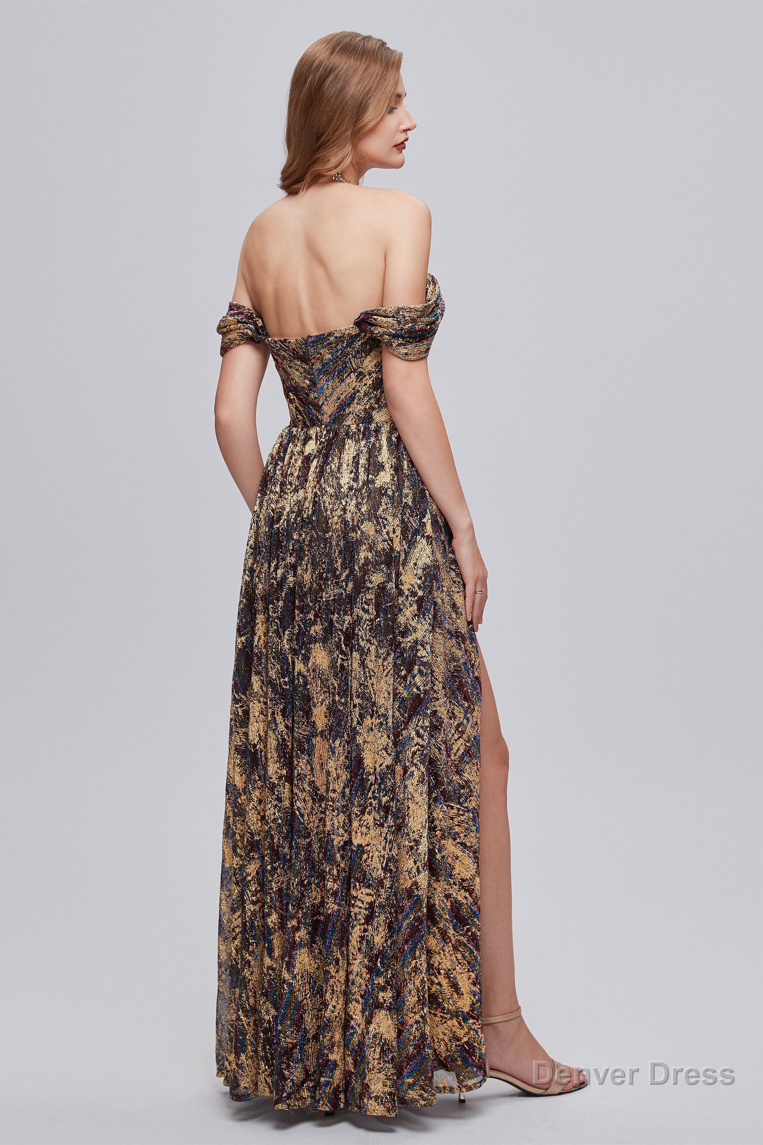 Black and Brown Floral Print Off The Shoulder A Line Long Prom Dresses
