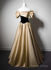 Black And Champagne Satin Long Party Dress, Off Shoulder Satin Prom Dress