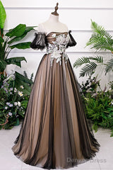 Black And Champagne Short Sleeves Tulle With Lace Party Dress, A-Line Floor Length Prom Dress