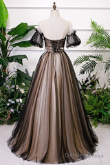 Black And Champagne Short Sleeves Tulle With Lace Party Dress, A-Line Floor Length Prom Dress