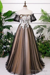 Black And Champagne Short Sleeves Tulle With Lace Party Dress, A-Line Floor Length Prom Dress