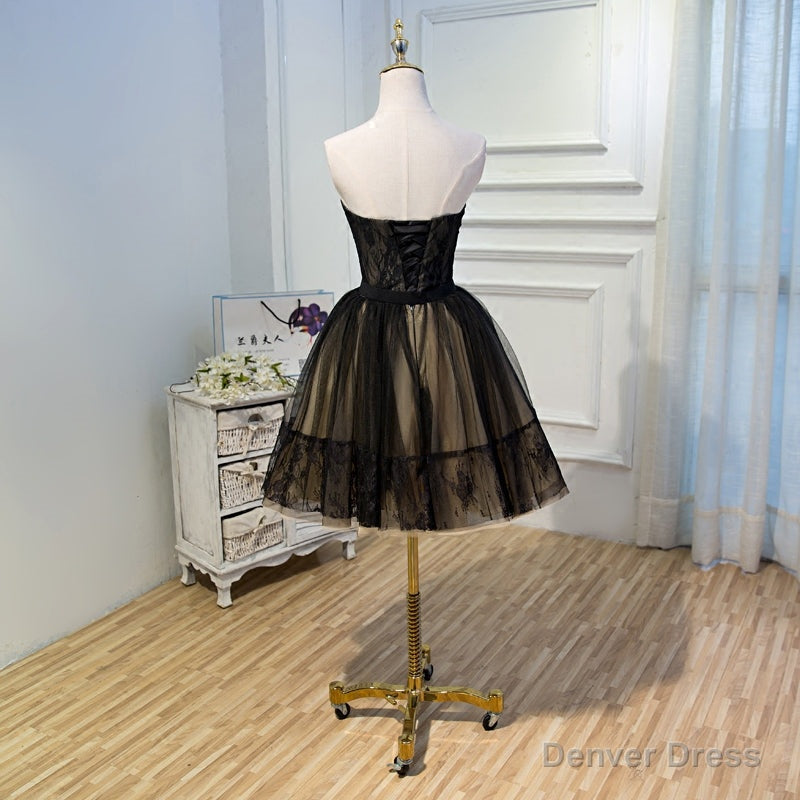 Black and Champagne Tulle Sweetheart Lace Short Prom Dress, Tulle Homecoming Dresses