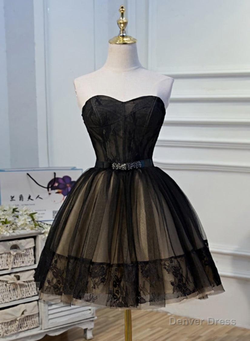 Black and Champagne Tulle Sweetheart Lace Short Prom Dress, Tulle Homecoming Dresses