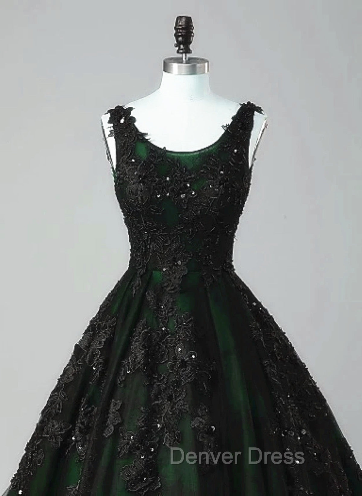 Black and Green Tulle with Lace Long Prom Dress, A Line Low Back Prom Dresses