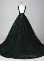 Black and Green Tulle with Lace Long Party Dresses, A-line Low Back Evening Dresses