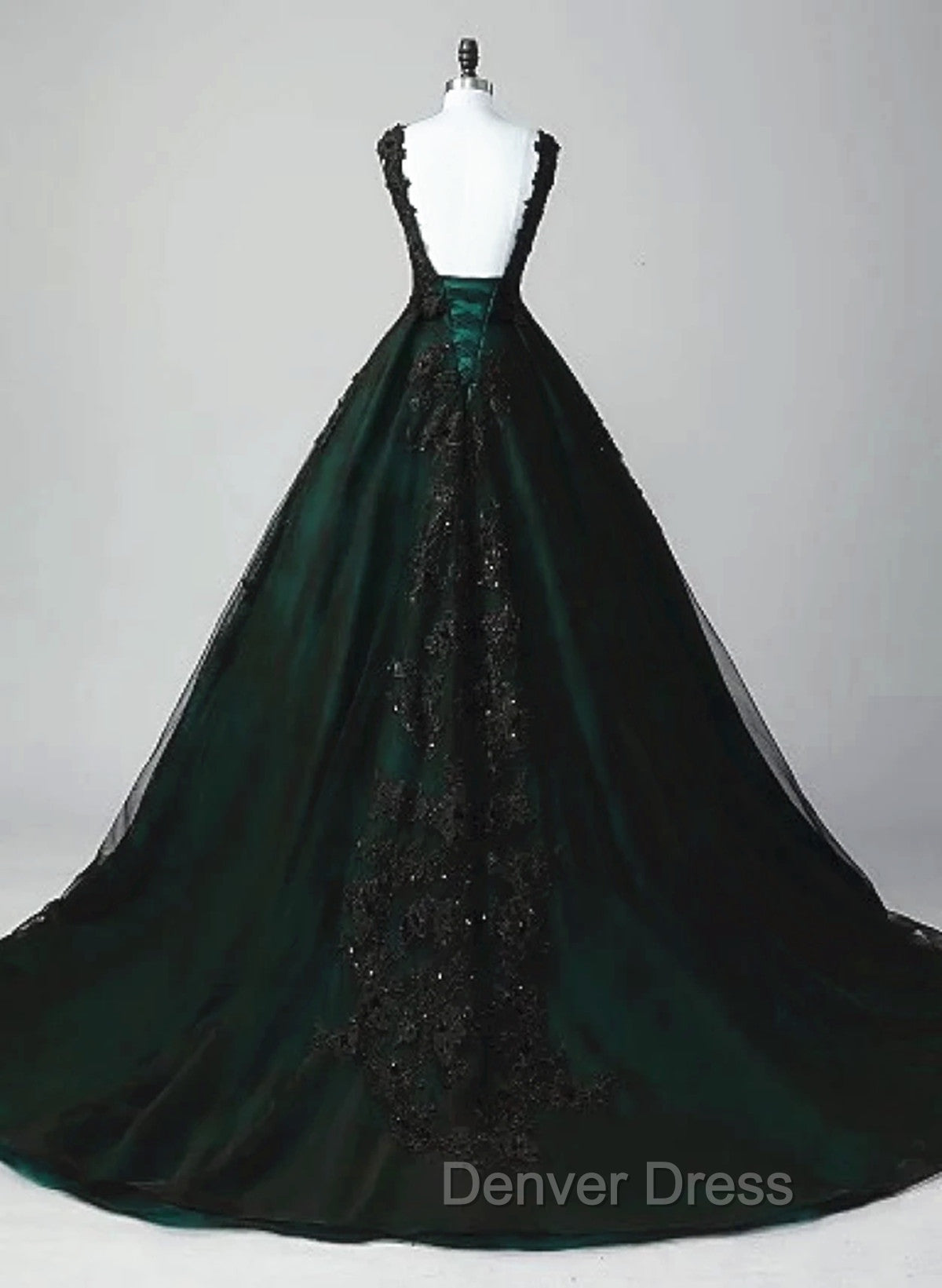 Black and Green Tulle with Lace Long Party Dresses, A-line Low Back Evening Dresses