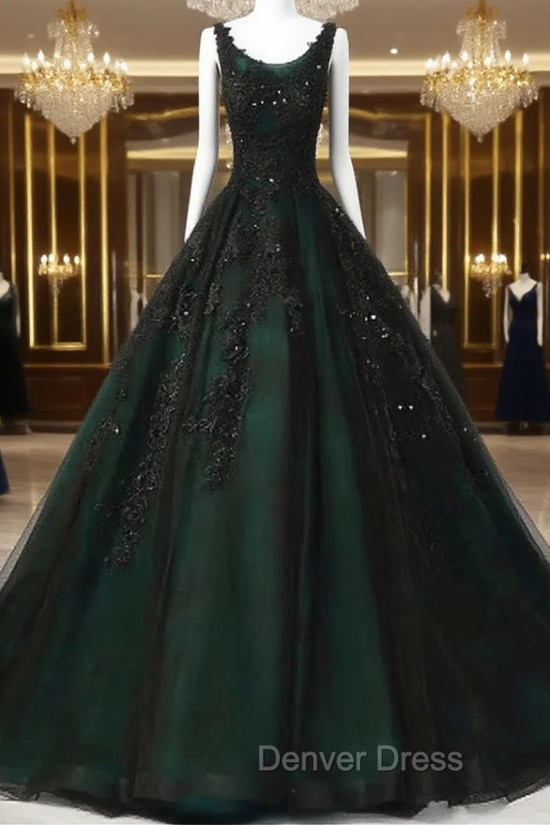 Black and Green Tulle with Lace Long Prom Dress, A Line Low Back Prom Dresses