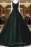 Black and Green Tulle with Lace Long Prom Dress, A Line Low Back Prom Dresses