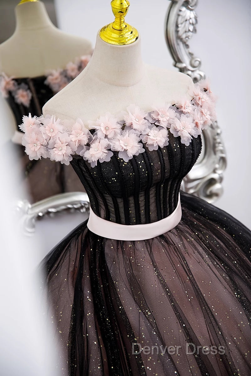 Black And Pink Tulle With Flowers Off Shoulder Prom Dress, Tulle Sweet 16 Dresses