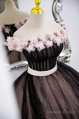 Black And Pink Tulle With Flowers Off Shoulder Party Dress, Tulle Sweet 16 Dress