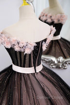 Black And Pink Tulle With Flowers Off Shoulder Prom Dress, Tulle Sweet 16 Dresses