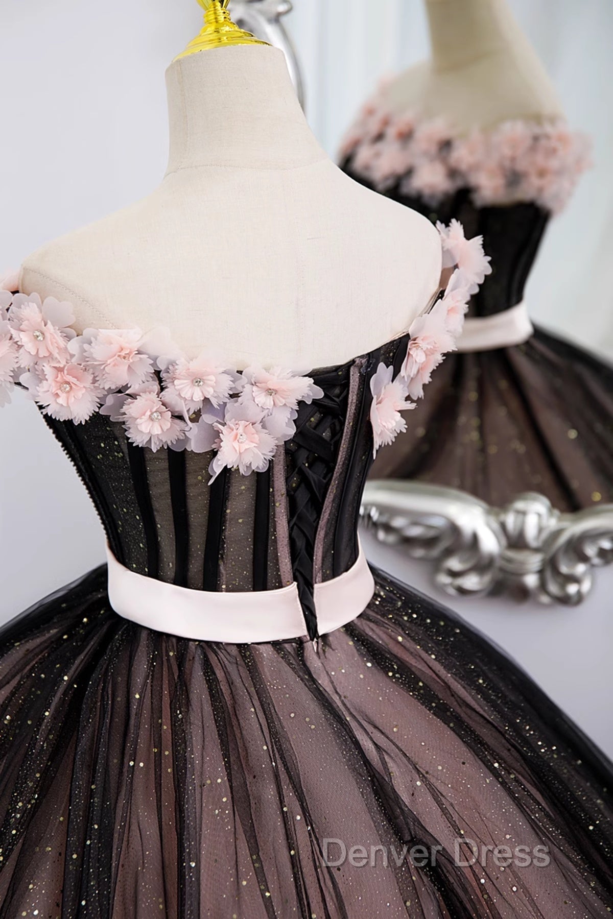 Black And Pink Tulle With Flowers Off Shoulder Prom Dress, Tulle Sweet 16 Dresses