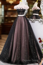 Black And Pink Tulle With Flowers Off Shoulder Prom Dress, Tulle Sweet 16 Dresses